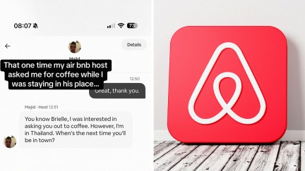 Messages shared between Airbnb guest and host(l) Airbnb App Icon on Wooden Floor Against Wall (r)