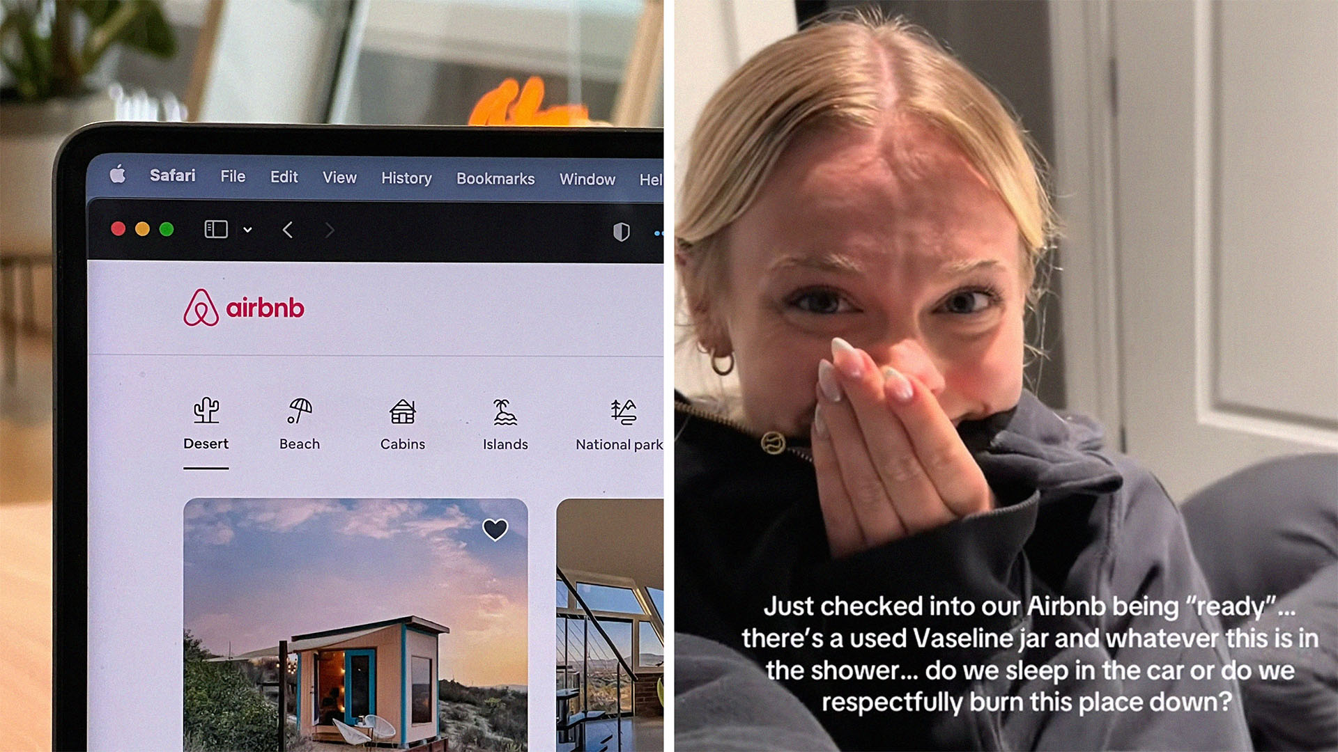 Laptop screen with web browser showing Airbnb website(l) Woman covering her mouth in shock(r)