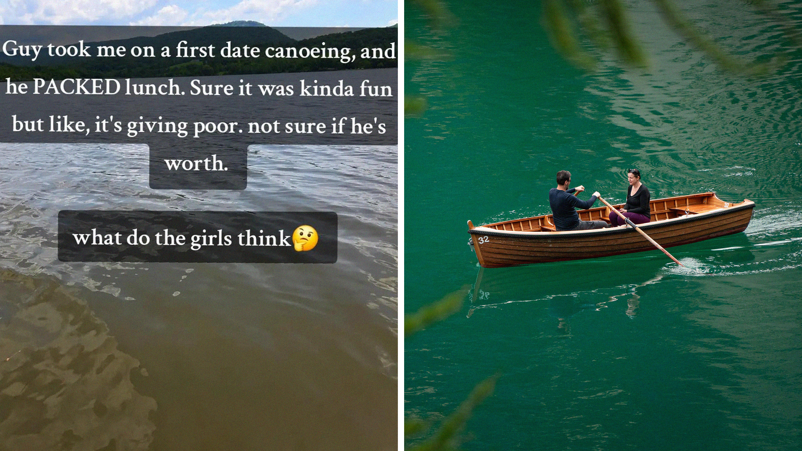 Lake with TikTok text (l) Two people canoeing on lake (r)