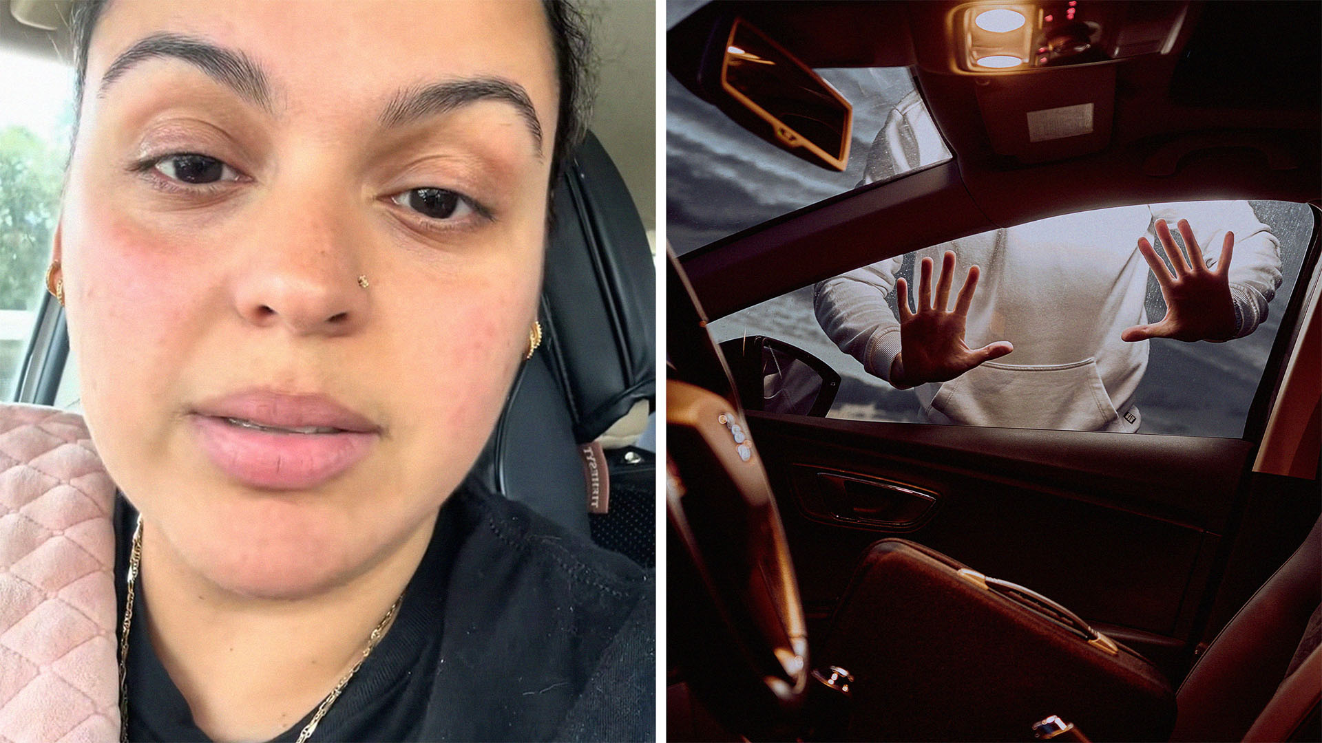 Woman shares how she tracked thief that stole her wallet(l) Man viewing inside of car through glass door(r)