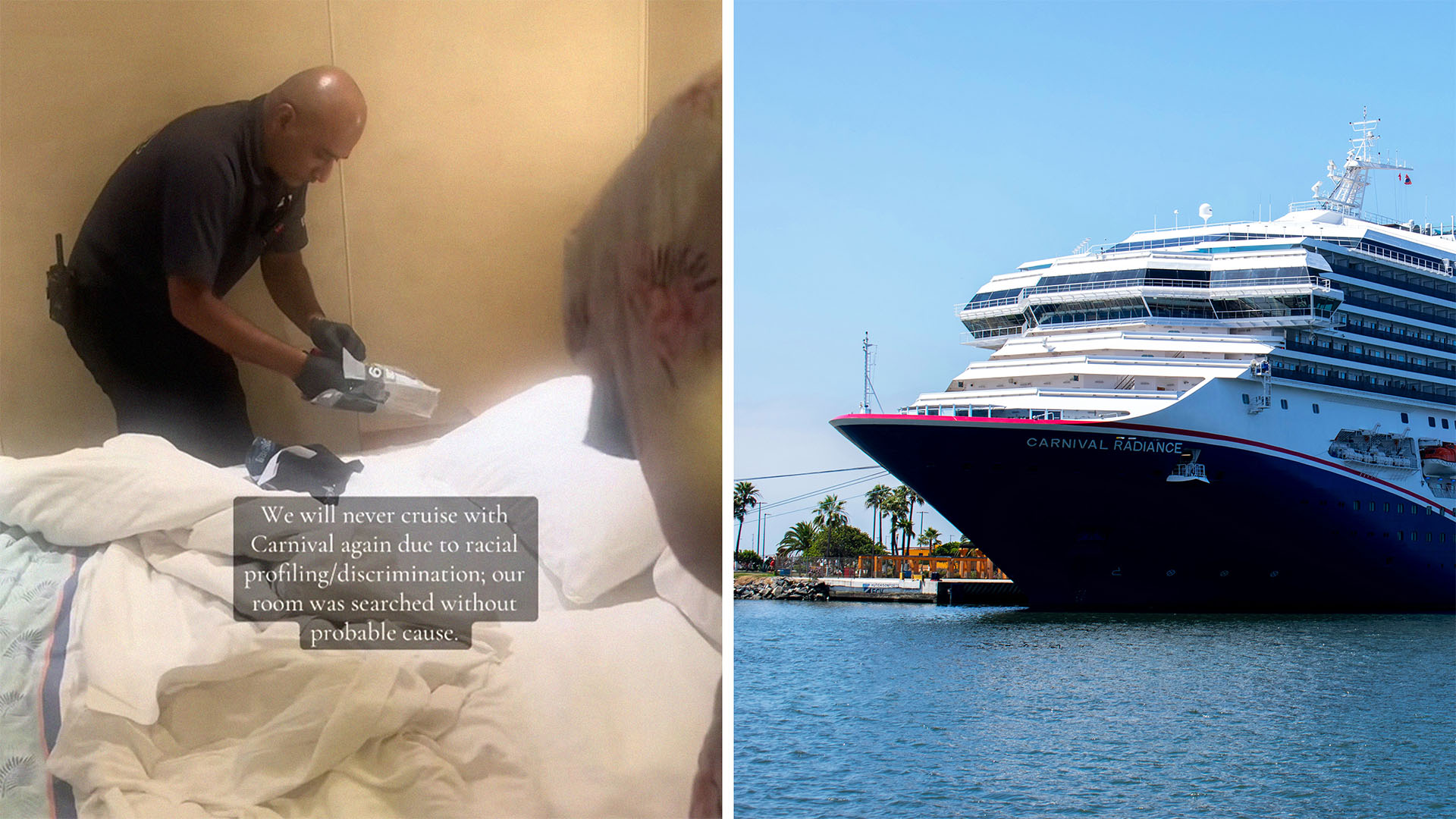 Woman records being searched at Carnival cruise(l) Close up of Carnival Cruise ship(r)