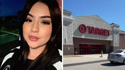Woman confronts man at Target Store(l) Target Store Logo on building(r)