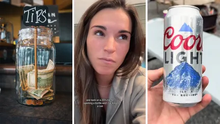 tip Jar on desk(l) Woman explains how much she was charged in tips(c) person holding coors light can(r)