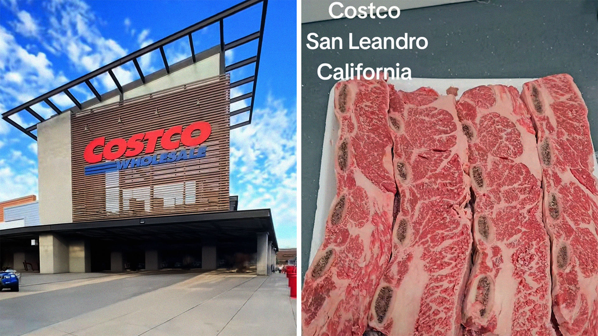 Costco Wholesale Store Front(l) close up of Kirkland Signature beef short ribs(r)