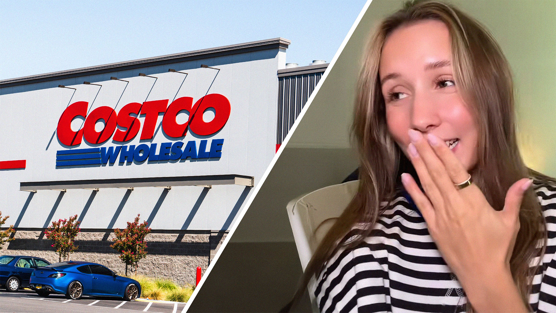 Costco Store Front(l) Woman shows how milk packaging came from Costco(r)