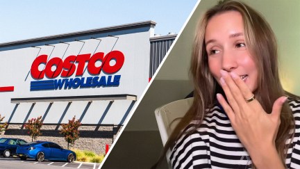 Costco Store Front(l) Woman shows how milk packaging came from Costco(r)