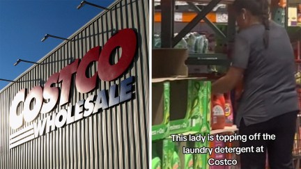 Costco Logo on Wall(l) Woman opening Costco detergent to refill inside of store(l)