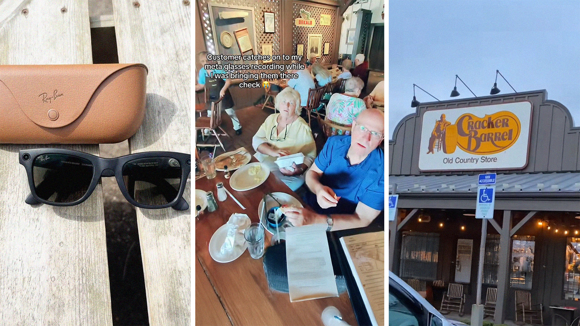 Ray-ban Meta Glasses with case(l) old couple eating at cracker barrel(c) Cracker Barrel Store Front(r)