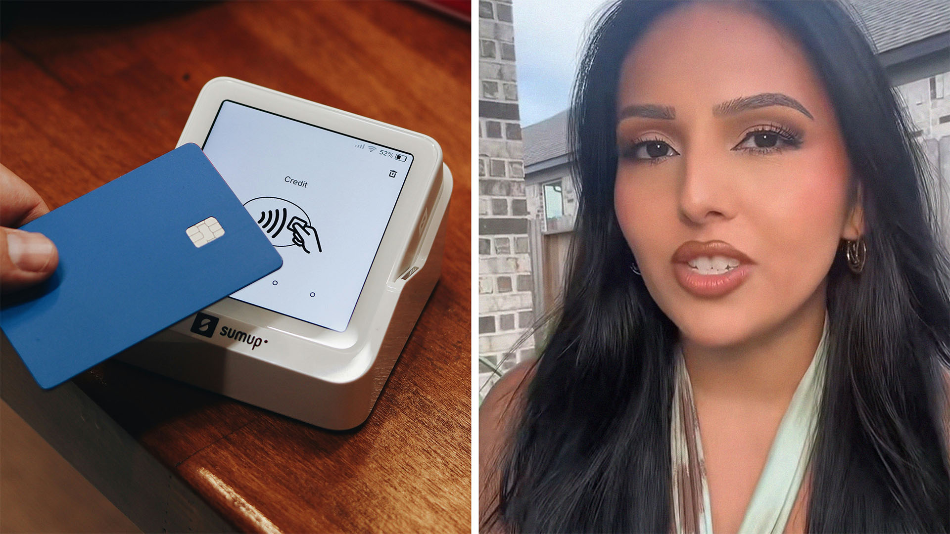 Debit card being tapped on Card reader(l) Woman shares experience with Server at restaurant(r)