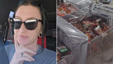 Woman in sunglasses (l) dumpster filled with frozen food