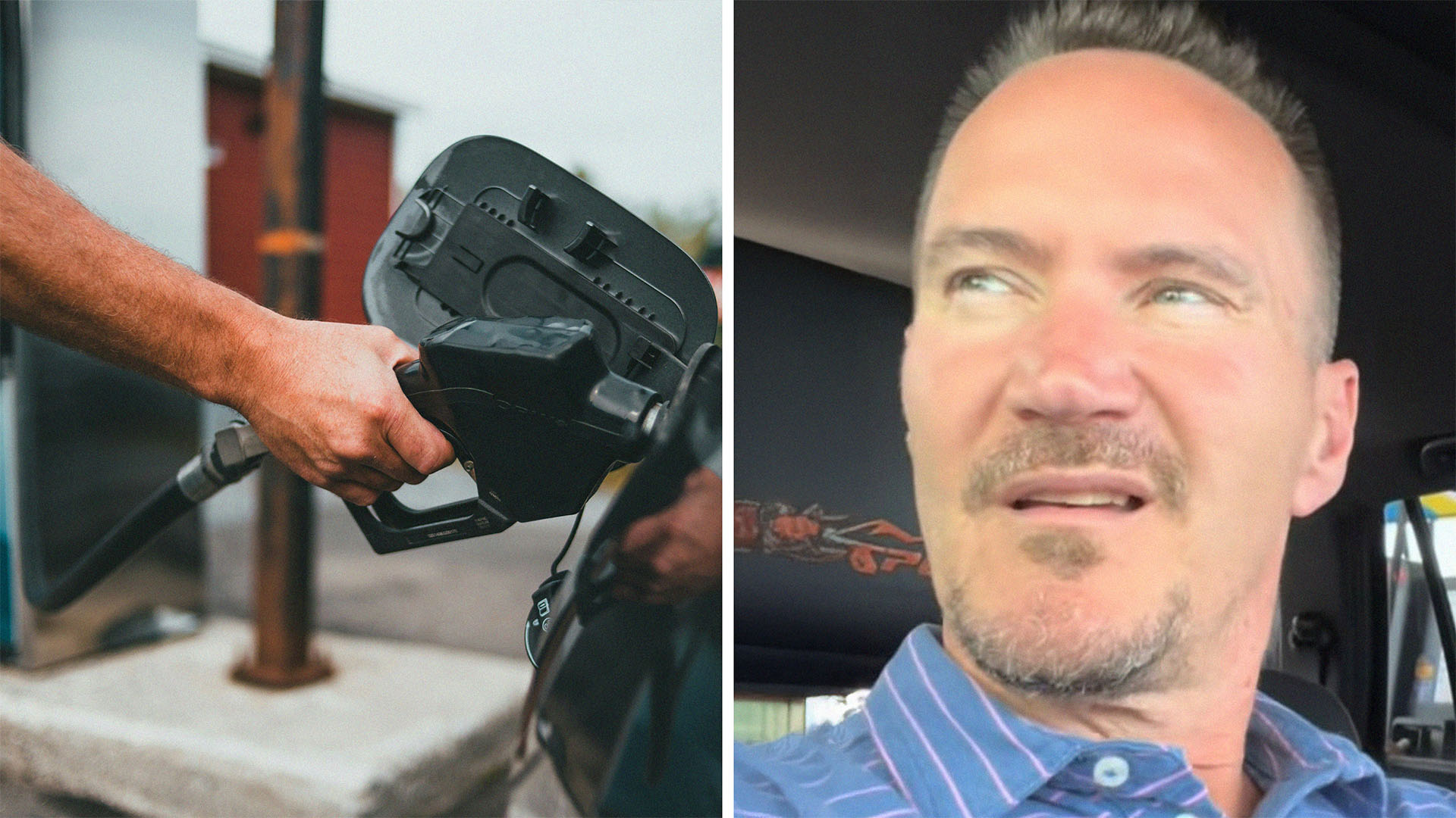 Person using gas pump(l) Man looking confused inside of vehicle(r)