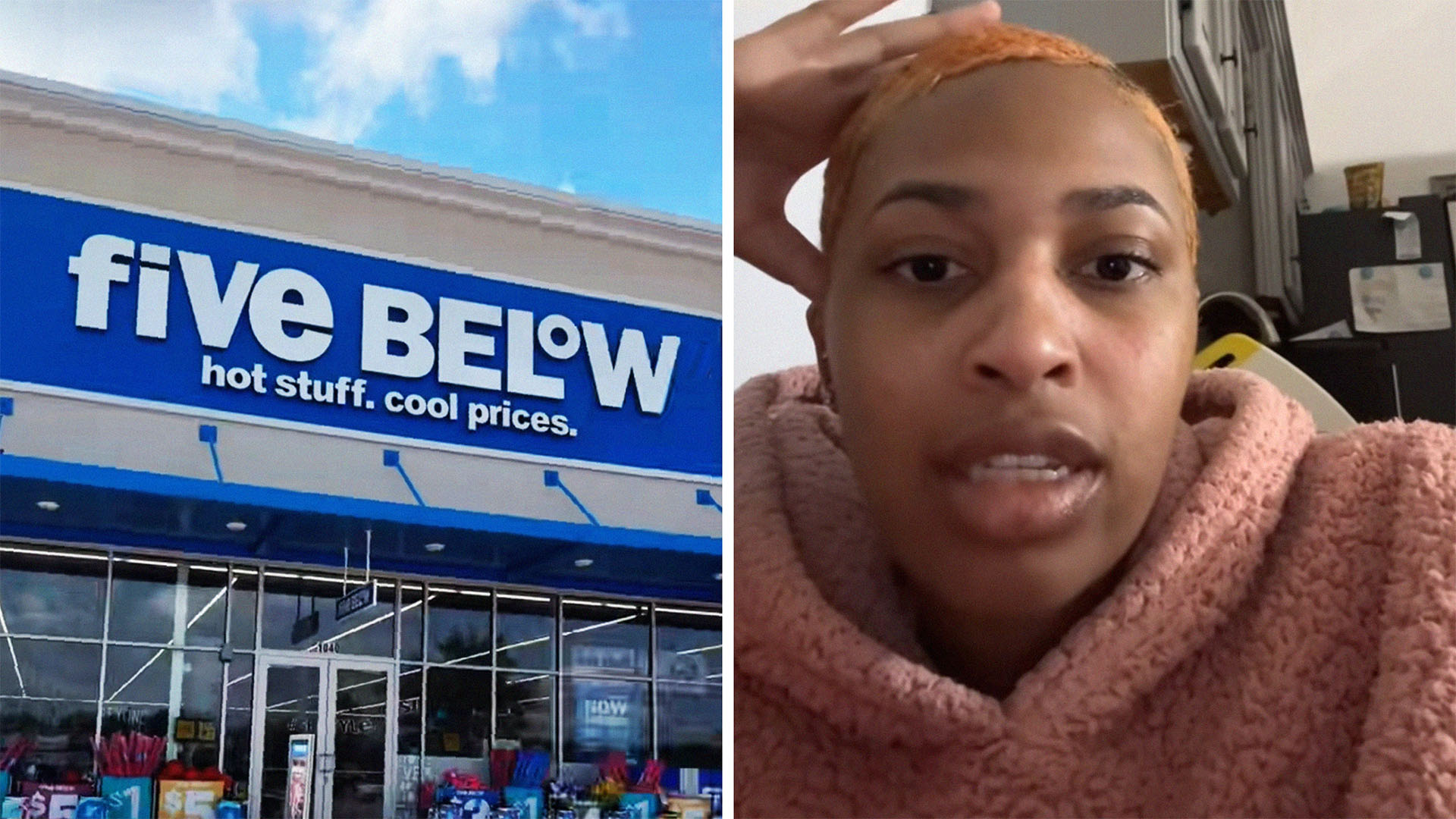 Five Below Store Front(l) Woman records Five Below Employee response to her item exchange(r)
