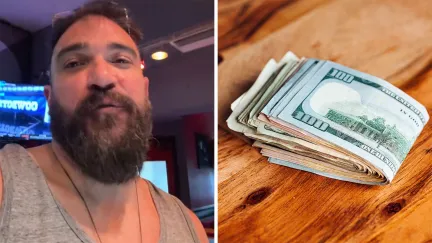 Bartender shares concern on amount of tip he received from customer(l) hundred dollar bills folded on table(r)