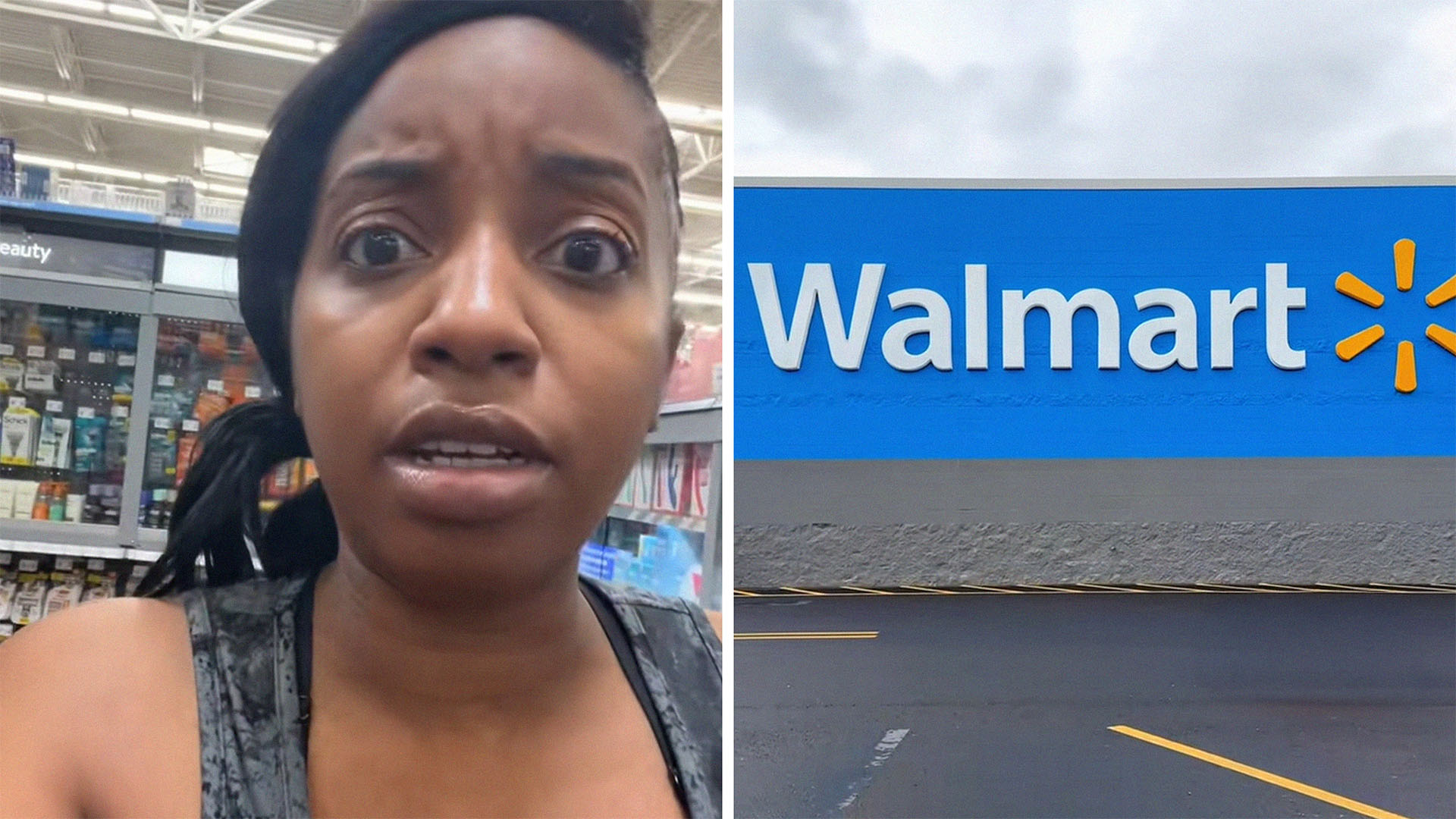 Woman looking scared while inside of Walmart(l) Walmart logo on building wall(r)