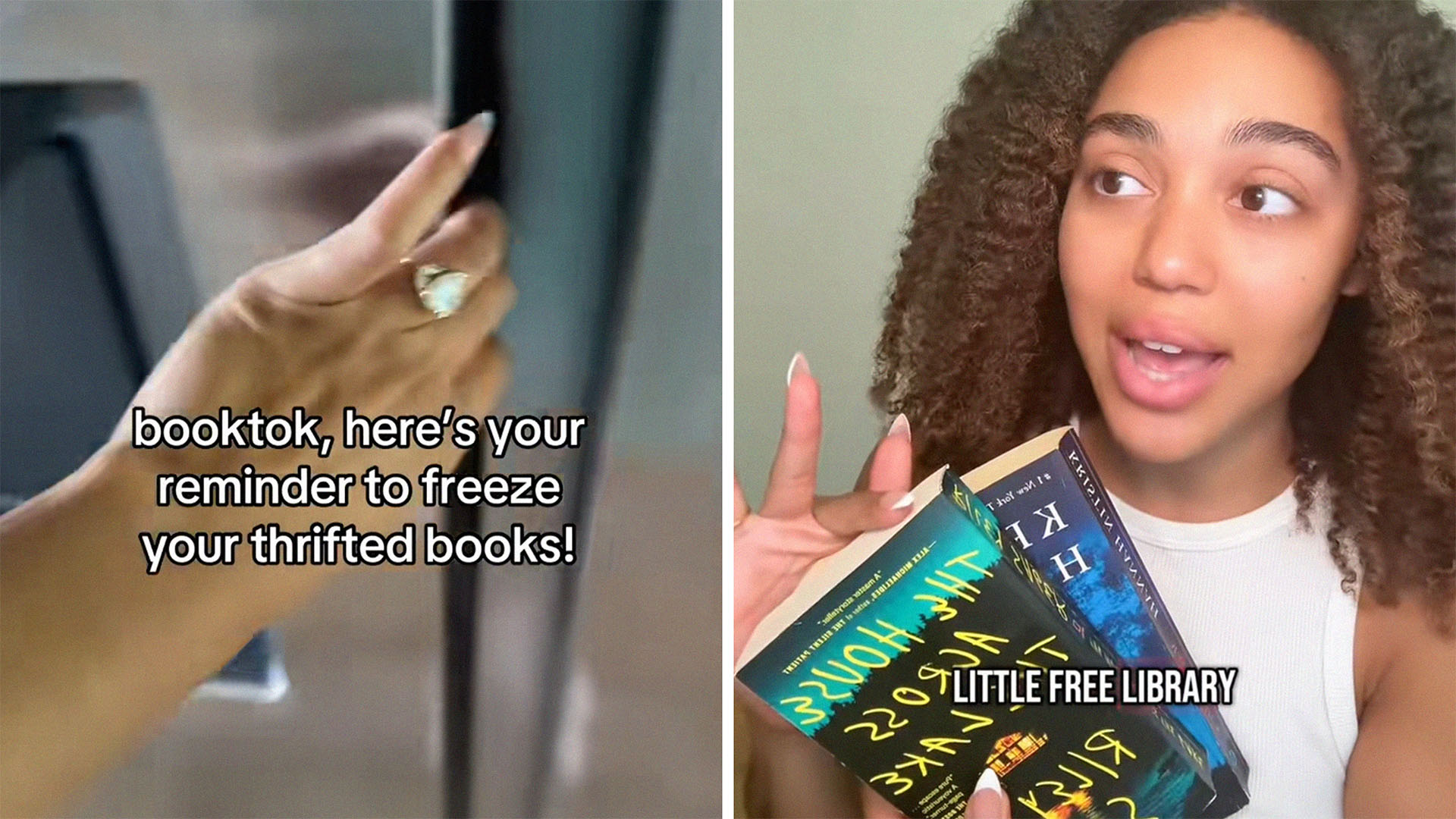 Woman opening freezer(l) Woman advices to freeze used books(r)