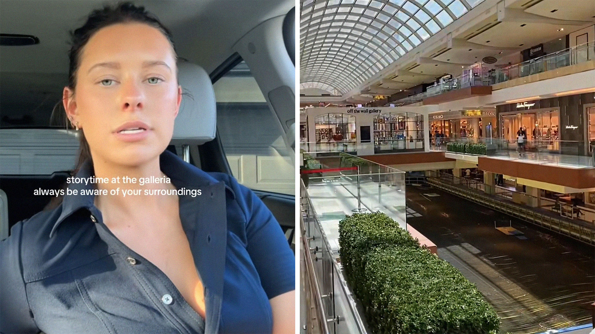 Woman gives warning when shopping at Galleria Mall in Houston(l) Inside view of Houston Galleria Mall(r)