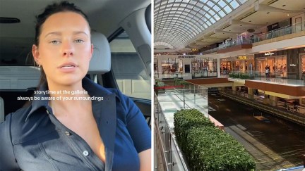 Woman gives warning when shopping at Galleria Mall in Houston(l) Inside view of Houston Galleria Mall(r)