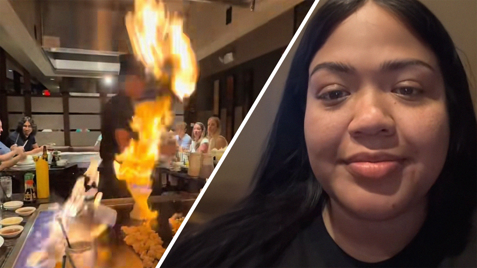 chef performance at hibachi grill restaurant(l) woman shares what chef at hibachi did with her food(r)