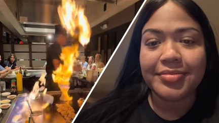 chef performance at hibachi grill restaurant(l) woman shares what chef at hibachi did with her food(r)