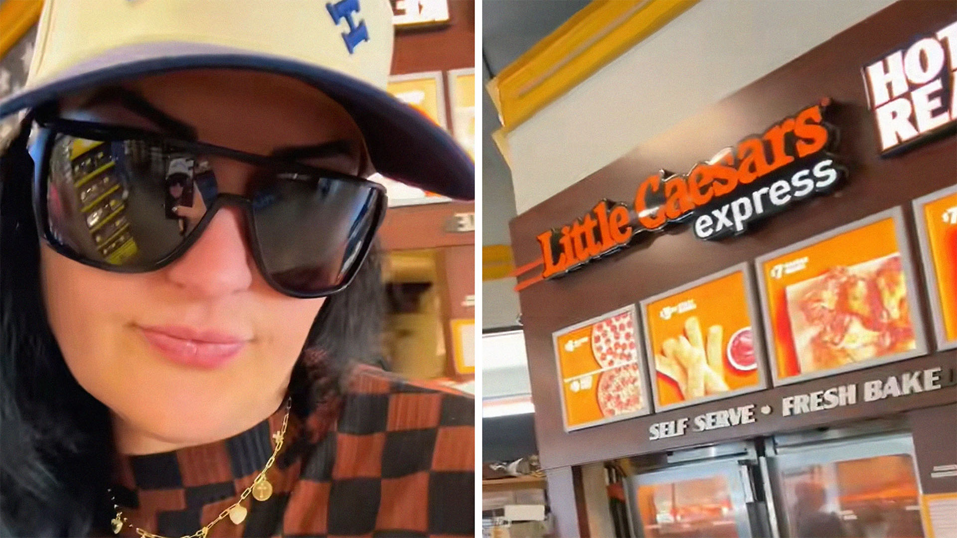 Woman orders Pizza at Little Caesars(l) Littles Caesars Express Store Front(r)