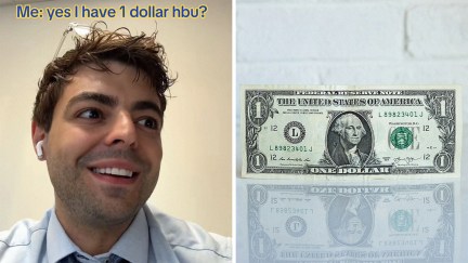 Man shares he only has one dollar in his bank account(l) One dollar bill on white wall(r)