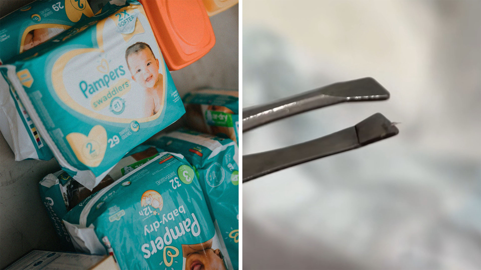Pampers swaddlers diaper packaging(l) tweezer holding tiny piece of glass(r)
