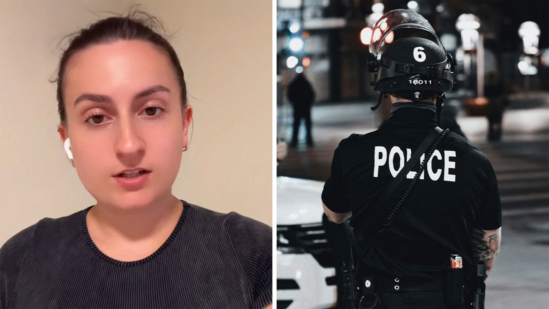 Woman records her encounter with Police(l) Police Officer standing on side of street(r)
