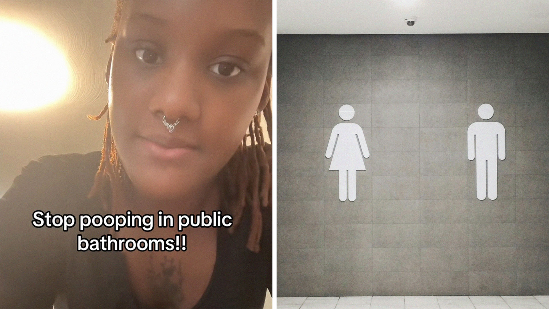 Woman gives warning to using public bathrooms(l) Male and Female Logo used for restrooms on wall(r)