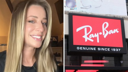 Blonde woman smiling (l) Close up of Ray-Ban storefront (r)