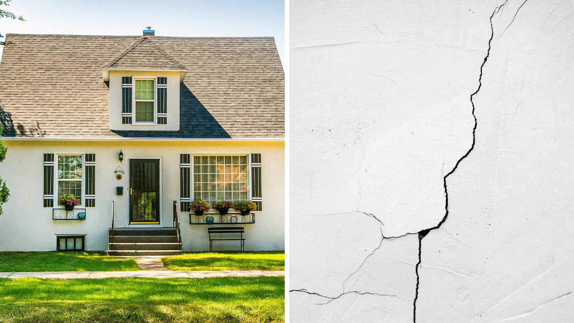 Front view of house(l) Cracked Wall(r)