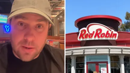 Man sees autogratutiy on receipt(l) Red Robin Restaurant Front(r)