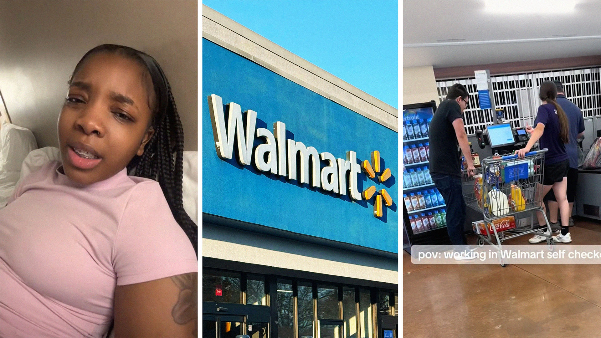 Walmart workers shows what customers scan on self checkout(l) Walmart Store Front(c) Walmart customers using self check out(r)
