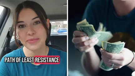 Woman inside her car explains how to sell more to customers(l) Woman counting money(r)