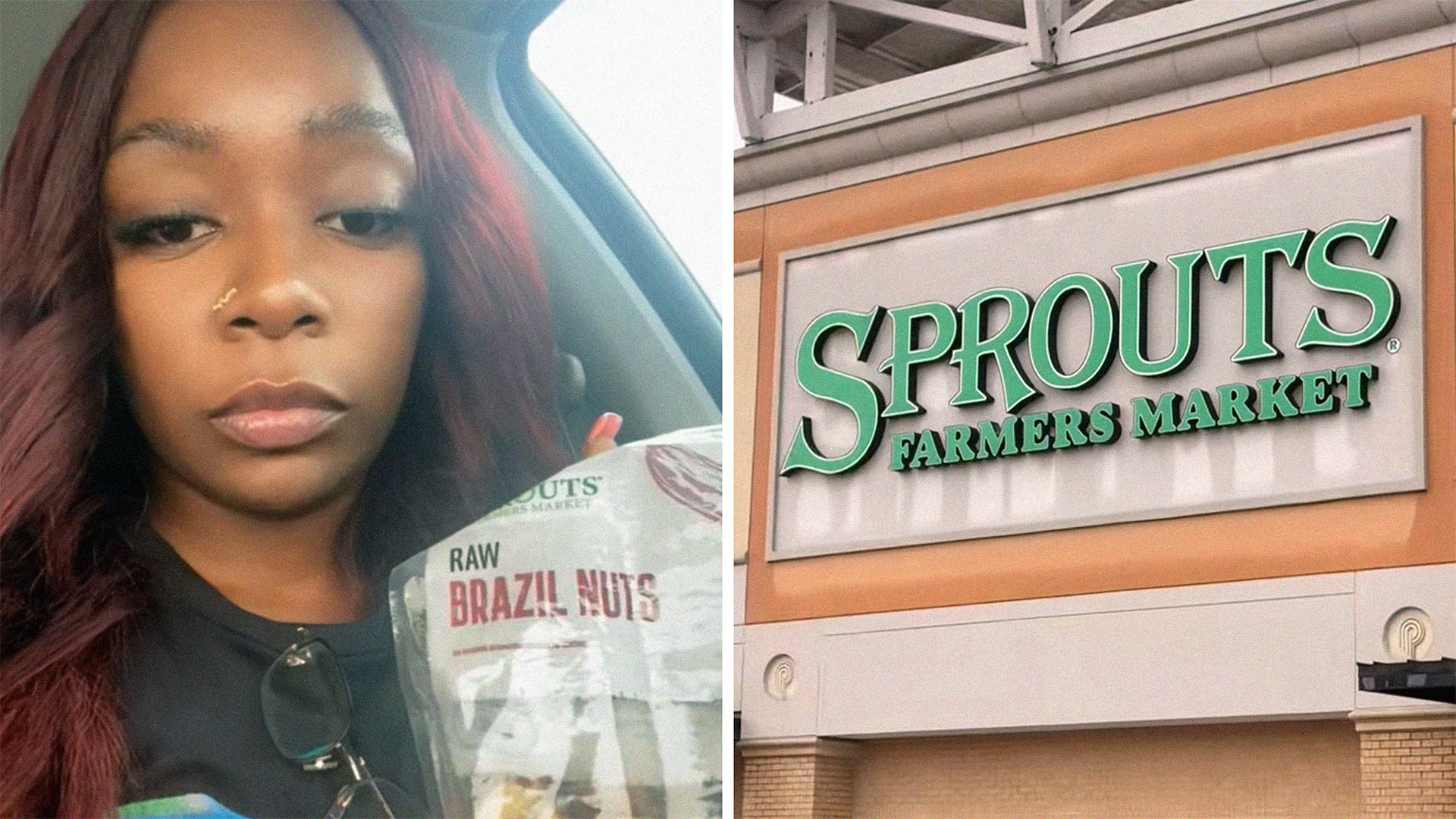 Woman holding up Brazil Nuts from Sprouts(l) Close up of Sprouts Farmers Market logo on building(r)