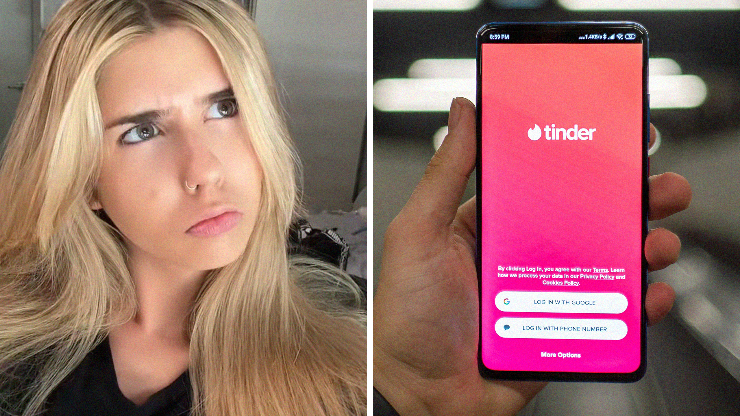Woman looking concerned(l) Person holding up phone with tinder on display(r)