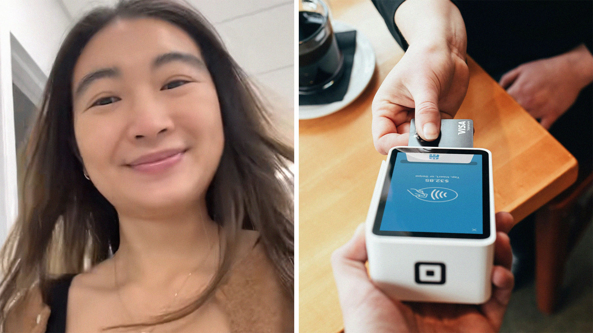 close up of woman smiling(l) Person using credit card reader(r)
