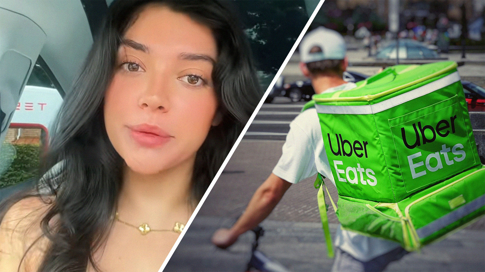 Woman shares how she caught her boyfriend cheating(l) Uber Eats delivery man on a bike(r)