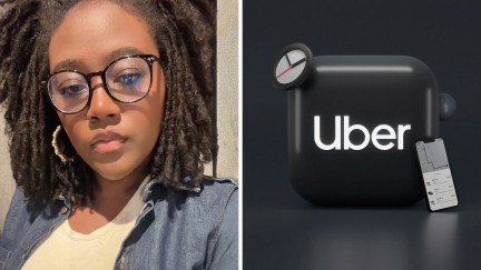 Woman with curly hear wearing blue jacket(r) Uber icon(r)