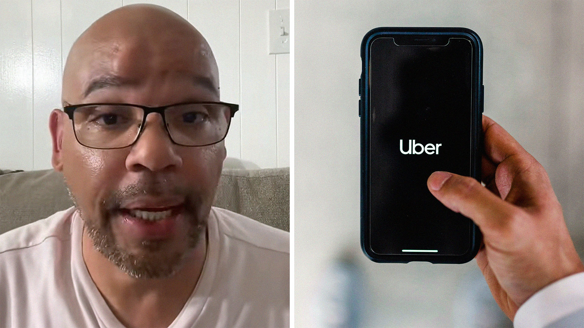 Man shares what happened when he reviewed his passengers(l) Person holding phone with uber app on display(r)