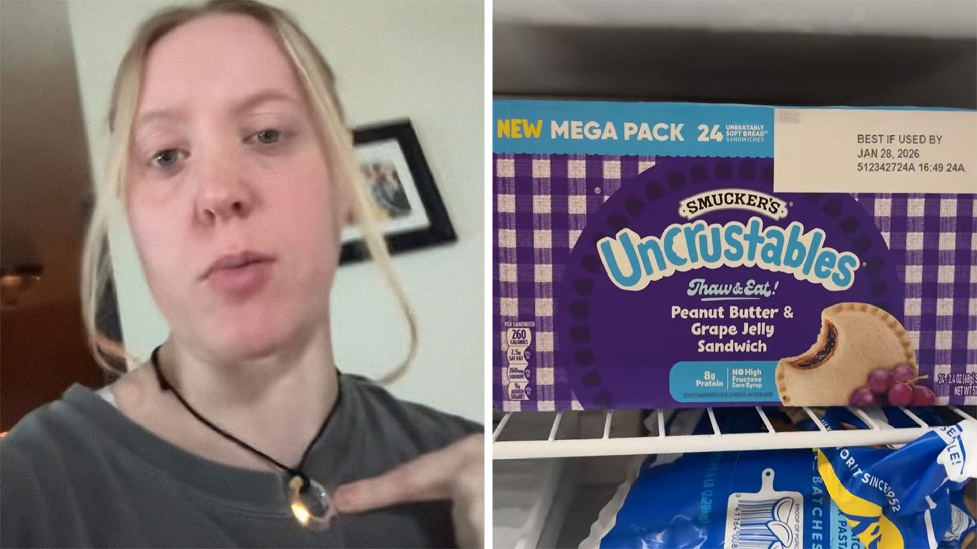 Woman compares uncrustables from sams club(l) Uncrustables packaging inside of fridge(r)