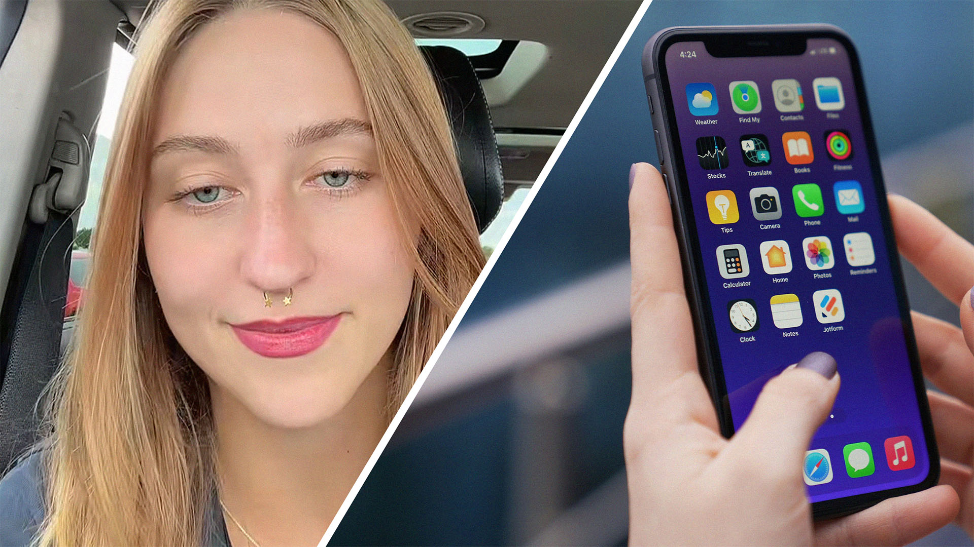 Woman shares what she found on her boyfriends phone(l) Woman holding up iphone(r)