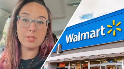 Woman explains what happened to her while shopping at Walmart(l) Close up of Walmart logo on building(r)