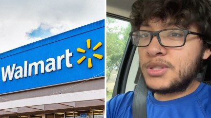 Walmart Logo on store front(l) Man shares what he sees in Walmart breakroom(r)