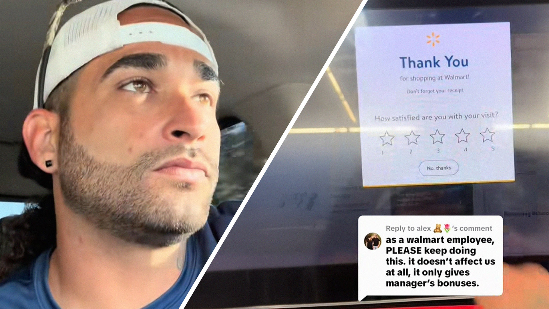Man uses Walmart self checkout kiosk(l) TikTok Comment highlighted over Walmart Kiosk asking for a rating after being uses(r)