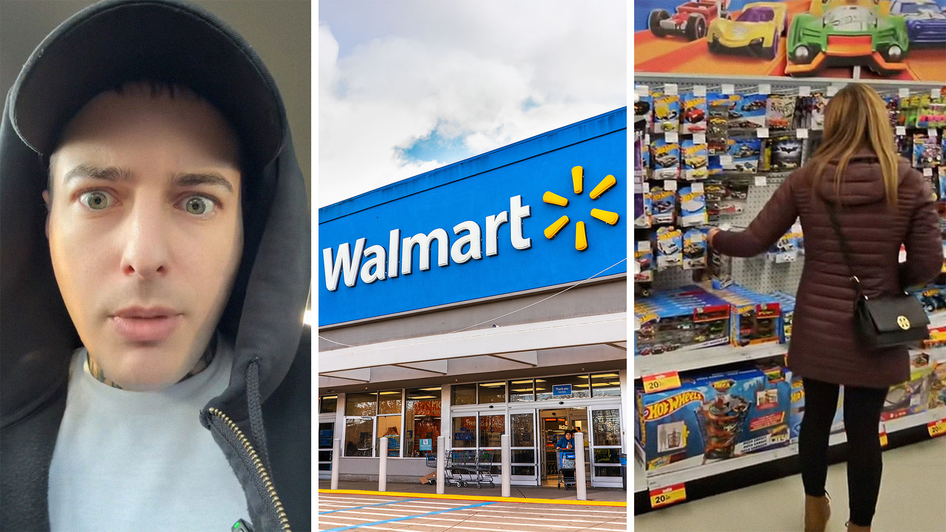 Man shares what happened when we took his kids shopping at Walmart(l) Walmart store front(c) Woman pretending to look at hot wheels toy inside of Walmart(r)
