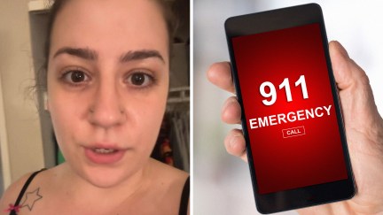 Woman shares what happened when she called for a medical emergency(l) person holding phone with 911 emergency on display(r)