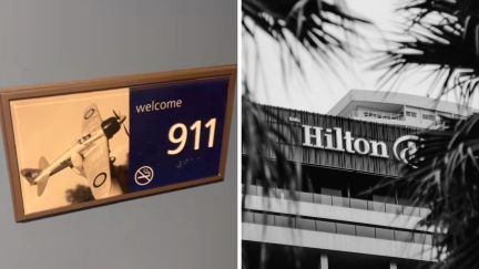 911 hotel room number (l) Hilton logo (r)