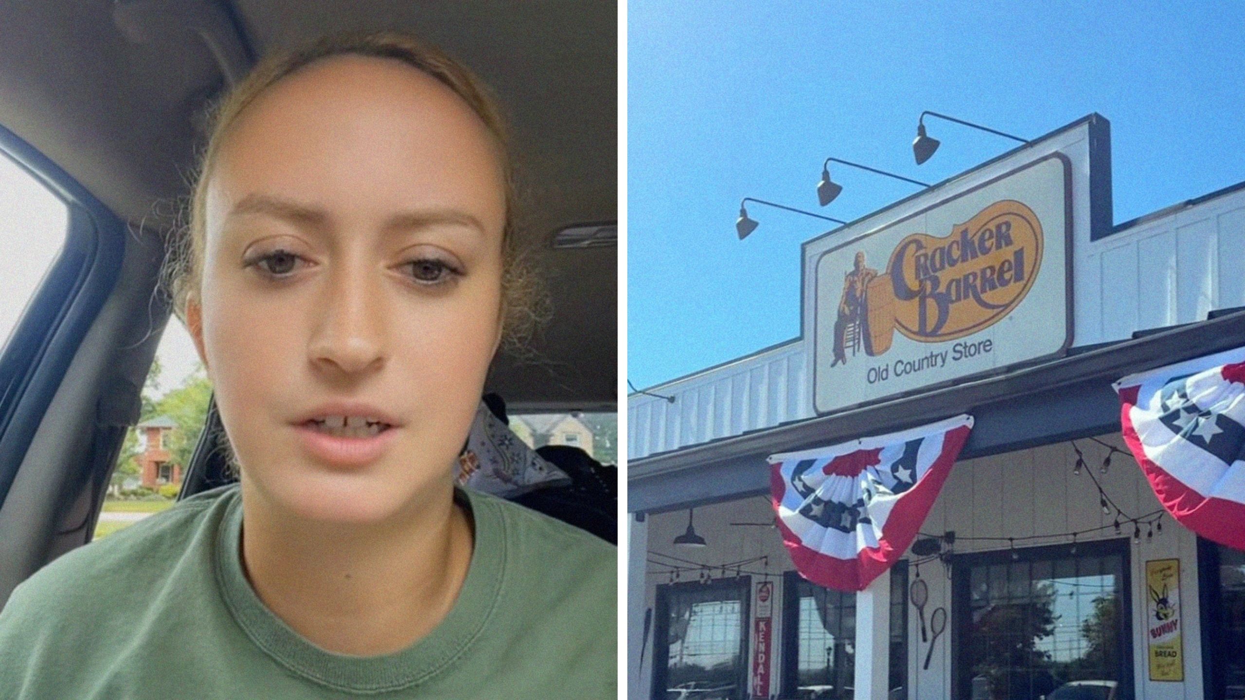 blonde woman giving her opinion (l) Cracker Barrel logo (r)