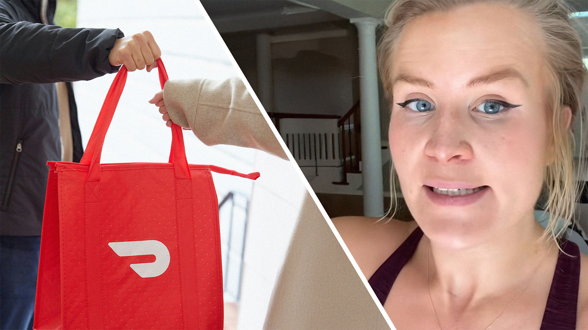 Doordash worker delivering package(l) Woman shares experience ordering with doordash(r)