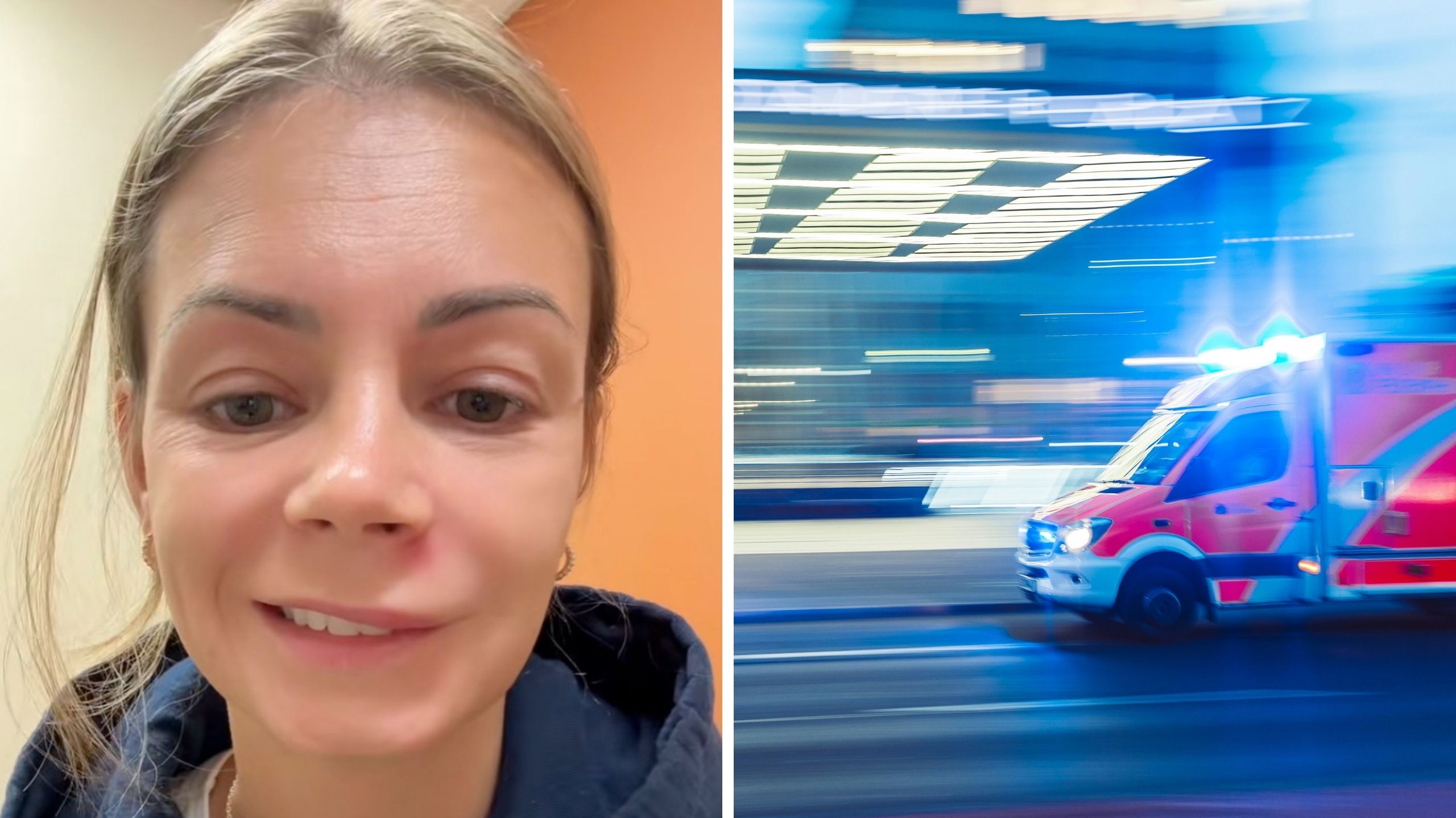 Woman in a navy blue hoodie (l) ambulance rushing to get help (r)